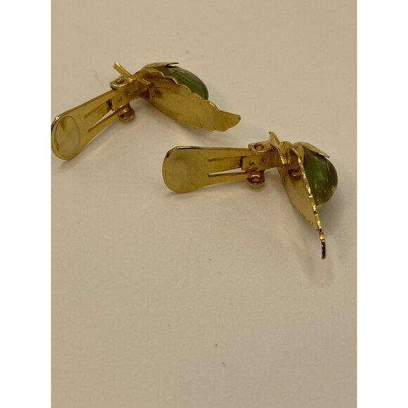 Vintage Leru Green Cabochon Gold-Tone Clip-On Earrings J0260 - Picture 10 of 11
